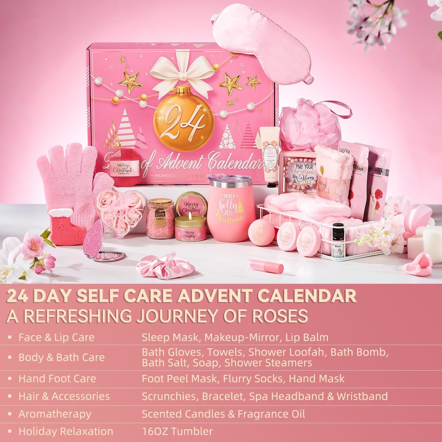 Pink Advent Calendar 2025 for Teen Girls, 24 Day Women Countdown Calendar with Pink Christmas Tumbler Self Care Christmas Suprise Gift for Mom Wife Sister