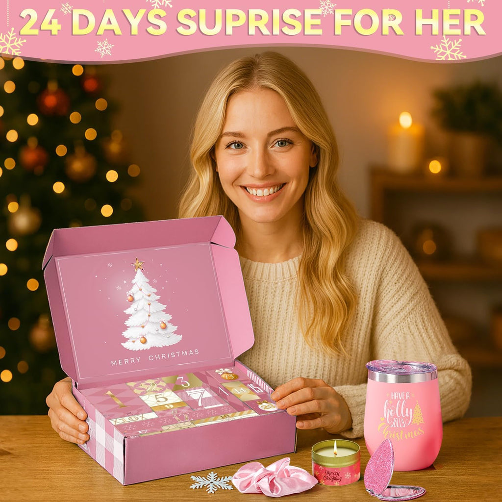 Pink Advent Calendar 2025 for Teen Girls, 24 Day Women Countdown Calendar with Pink Christmas Tumbler Self Care Christmas Suprise Gift for Mom Wife Sister